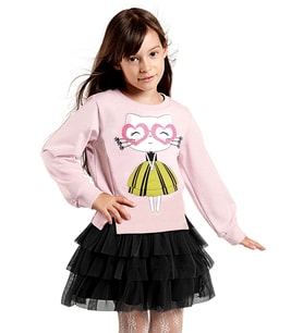 Kalp Gözlük Kız Çocuk Tüllü Sweatshirt Etek Takım