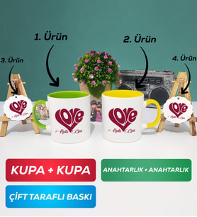 İkili Yeşil Sarı Love Tasarımlı Sevgililer Günü Hediyesi Kupa Bardak Anahtarlık