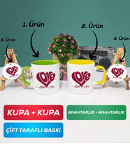 İkili Yeşil Sarı Love Tasarımlı Sevgililer Günü Hediyesi Kupa Bardak Anahtarlık