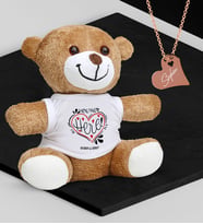 BK Gift Kişiye Özel Sevgililer Temalı Peluş Ayıcık ve Rose Kalp Kolye Set - 83