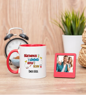 Öğretmenler Günü Hediyesi Kırmızı Kupa Bardak ve Kırmızı Mini Fotoğraf Çerçevesi