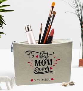 BK Gift Kişiye Özel En İyi Anne Keten Makyaj Çantası - 4 (Bej)