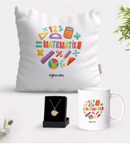 BK Gift Kişiye Özel Matematik Öğretmeni Beyaz Kupa Yastık ve İsimli Papatya Kolye Hediye Seti-13 (Model 1)
