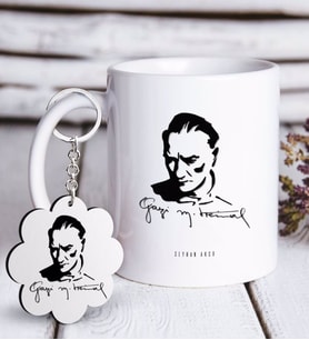 BK Gift Kişiye Özel Atatürk Temalı Beyaz Kupa ve Anahtarlık Hediye Seti-19 (Model 1)