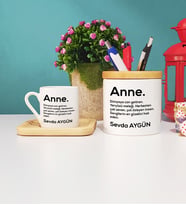 Anneler Günü Hediyesi İsme Özel Anne Ahşap Altlıklı Türk Kahvesi Fincanı ve Kalemlik Seti