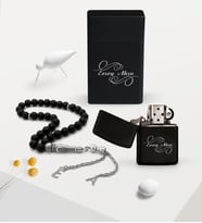 BK Gift Kişiye Özel Harf Uçlu Oniks Doğal Taş Tespih Sigara Tabakası ve Çakmak Seti (Siyah)