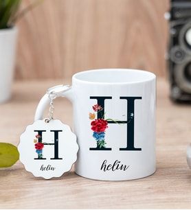 Baş Harfli Ve İsimli Beyaz Kupa Bardak Ve Anahtarlık Set