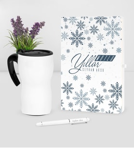 BK Gift Kişiye Özel Yılbaşı Mutlu Yıllar Temalı Beyaz Defter Kalem Termos Mug Seti - 17