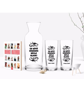 BK Gift Kişiye Özel Renkli Baskılı En Kötü Günümüz Böyle Olsun Tasarımlı İkili Rakı Bardağı Karaf ve Cep Kitabı Hediye Seti-1 (Model 1)