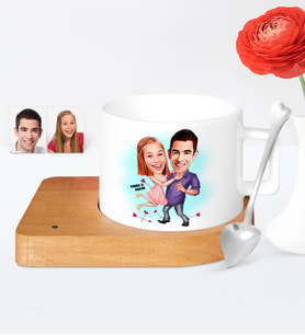 BK Gift Kişiye Özel Sevgililer Karikatür Ahşap Altlıklı Seramik Fincan  3