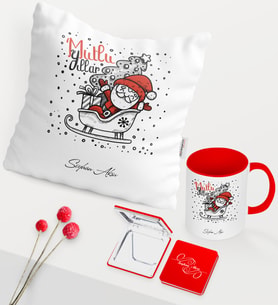 BK Gift Kişiye Özel Yılbaşı Noel Baba Temalı Kırmızı Kupa Ayna Yastık Seti - 5