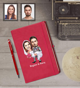 Kişiye Özel Gelin Damat Karikatürlü Kırmızı Defter Kalem Hediye Seti   Mod-1