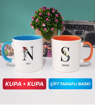 İkili Kişiye Özel Baş Harf ve İsim Yazılı Kupa Bardak Mavi Turuncu