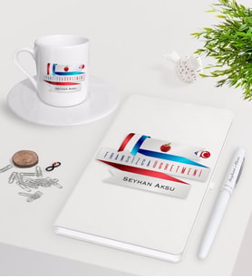 BK Gift Kişiye Özel Fransızca Öğretmeni Beyaz Defter Kalem Türk Kahvesi Fincanı Seti-2 (Model 1)