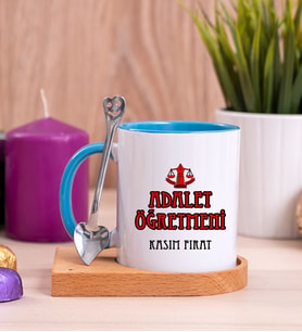 Adalet Öğretmeni Ahşap Altlıklı Mavi Kupa Bardak
