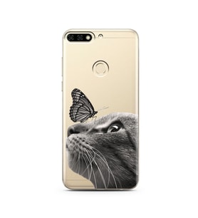 Kedi Kelebek Tasarımlı Süper Şeffaf Silikon Telefon Kılıfı Huawei Honor 7c-Y7 (2