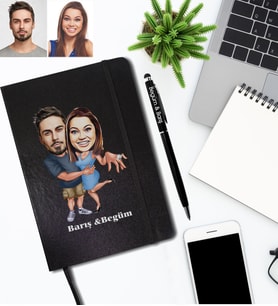 Kişiye Özel Sevgili Karikatürlü Siyah Defter Kalem Hediye Seti Model 3