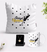 BK Gift Kişiye Özel Edebiyat Öğretmeni Beyaz Kupa Yastık ve İsimli Papatya Kolye Hediye Seti-3 (Model 1)