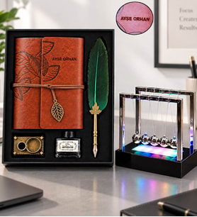 Kişiye Özel Deri Hatıra Defteri Ajanda & Tüy Divit Kalem Mürekkep Seti & Işıklı Newton Denge Topu