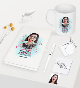 BK Gift Kişiye Özel Canım Annem Karikatürlü Beyaz Defter Kalem Kupa Ayna Seti (Model 1)