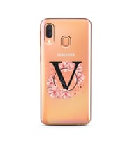 Pembe Çiçekli Harf Tasarım Süper Şeffaf Silikon Telefon Kılıfı Samsung A40 V-Har
