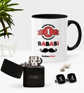 BK Gift Kişiye Özel Dünyanın 1 Numaralı Babası Siyah Kupa Çakmak Kol Düğmesi Seti (Model 1)