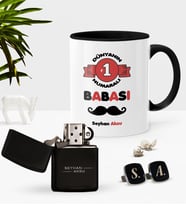 BK Gift Kişiye Özel Dünyanın 1 Numaralı Babası Siyah Kupa Çakmak Kol Düğmesi Seti (Model 1)