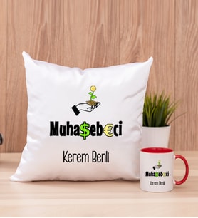 Muhasebeci Kare Yastık ve Kırmızı Kupa Bardak