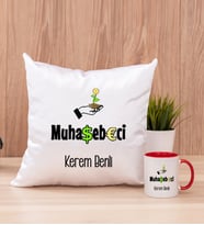 Muhasebeci Kare Yastık ve Kırmızı Kupa Bardak
