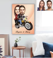 Kişiye Özel Motorcu Sevgili Karikatürlü Ahşap Tablo 30x47 Model 1