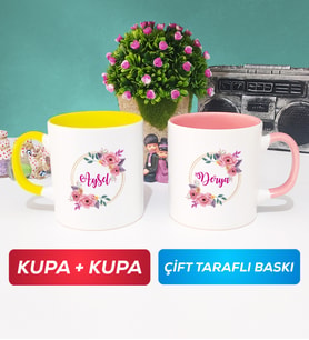 İkili Kişiye Özel İsim Yazılı Çiçek Tasarımlı Kupa Bardak Sarı Pembe