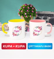 İkili Kişiye Özel İsim Yazılı Çiçek Tasarımlı Kupa Bardak Sarı Pembe