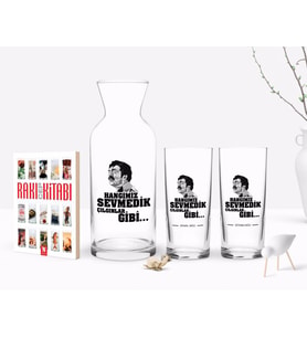 BK Gift Kişiye Özel Renkli Baskılı Hangimiz Sevmedik Çılgınlar Gibi Tasarımlı İkili Rakı Bardağı Karaf ve Cep Kitabı Hediye Seti-3 (Model 1)