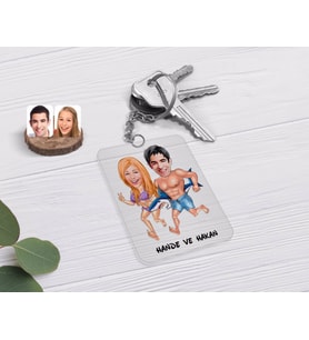 BK Gift Kişiye Özel Sevgililer Karikatürlü Şeffaf Pleksi Anahtarlık-8 (Beyaz)