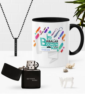 BK Gift Kişiye Özel İlk Babalar Günün Kutlu Olsun Siyah Kupa Çakmak Kolye Seti-6 (Model 1)