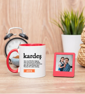 Kardeş Kelime Anlamı Kırmızı Kupa Bardak ve Kırmızı Mini Fotoğraf Çerçevesi