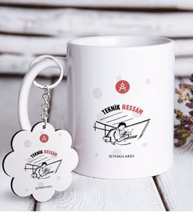 BK Gift Kişiye Özel Mesleki Teknik Ressam Beyaz Kupa ve Anahtarlık Hediye Seti-2 (Model 1)