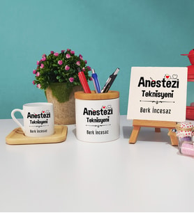 Anestezi Teknisyeni Tasarımlı Kişiye Özel Hediye Anestezi Teknisyeni Ahşap Altlıklı Türk Kahvesi Fincanı Kalemlik Dekoratif Taş Baskı Seti