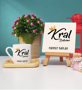 Babaya Hediye Kral Babam Babalar Günü Hediyesi Ahşap Altlıklı Türk Kahvesi Fincanı ve Dekoratif Taş Baskı