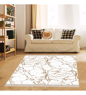 Beyaz Zemin Gold Çizgili Mermer Desenli Dijital Baskı Yıkanabilir Modern Salon Halı ve Yolluk (Krem)