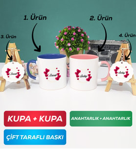 İkili Lacivert Pembe İsme Özel Sevgililer Günü Hediyesi Kupa Bardak Anahtarlık