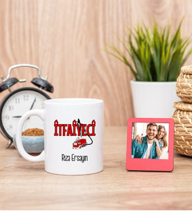İtfaiyeci Beyaz Kupa Bardak ve Kırmızı Mini Fotoğraf Çerçevesi