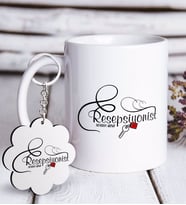 BK Gift Kişiye Özel Mesleki Resepsiyonist Beyaz Kupa ve Anahtarlık Hediye Seti-1 (Model 1)