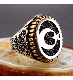 Nano Taşlı Ay Yıldız Erkek Gümüş Yüzük 6014707545560