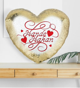 BK Gift Kişiye Özel Sevgililer Günü Altın Yaldız Sihirli Kalp Yastık  5