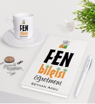 BK Gift Kişiye Özel Fen Bilgisi Öğretmeni Beyaz Defter Kalem Türk Kahvesi Fincanı Seti (Model 1)