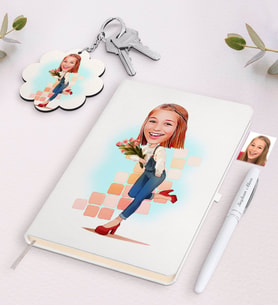 BK Gift Kişiye Özel Kadın Karikatürlü Beyaz Defter Kalem ve Anahtarlık Hediye Seti-13 (Model 1)