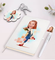 BK Gift Kişiye Özel Kadın Karikatürlü Beyaz Defter Kalem ve Anahtarlık Hediye Seti-13 (Model 1)