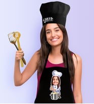 BK Gift Kişiye Özel Bayan Chef Karikatürlü Siyah Mutfak Önlüğü Aşçı Şapkası Seti-1