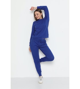 MyBen Kadın Bisiklet Yaka Pamuklu Uzun Kollu Saks Renkli Pijama Takımı